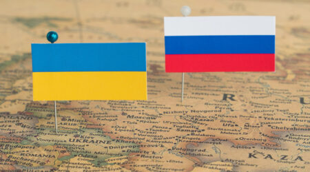 Ukraine and Russian Flags