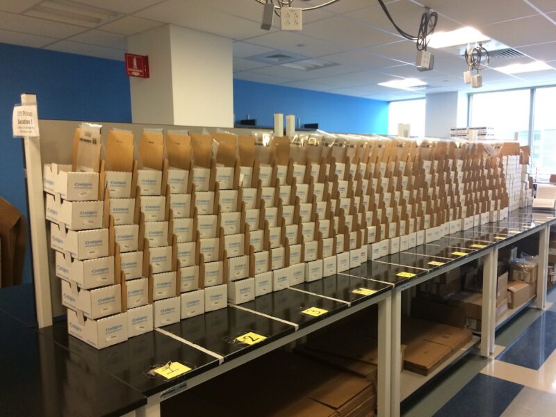 Hundred of plasmids await daily FedEx pickup in Addgene’s shipping room.