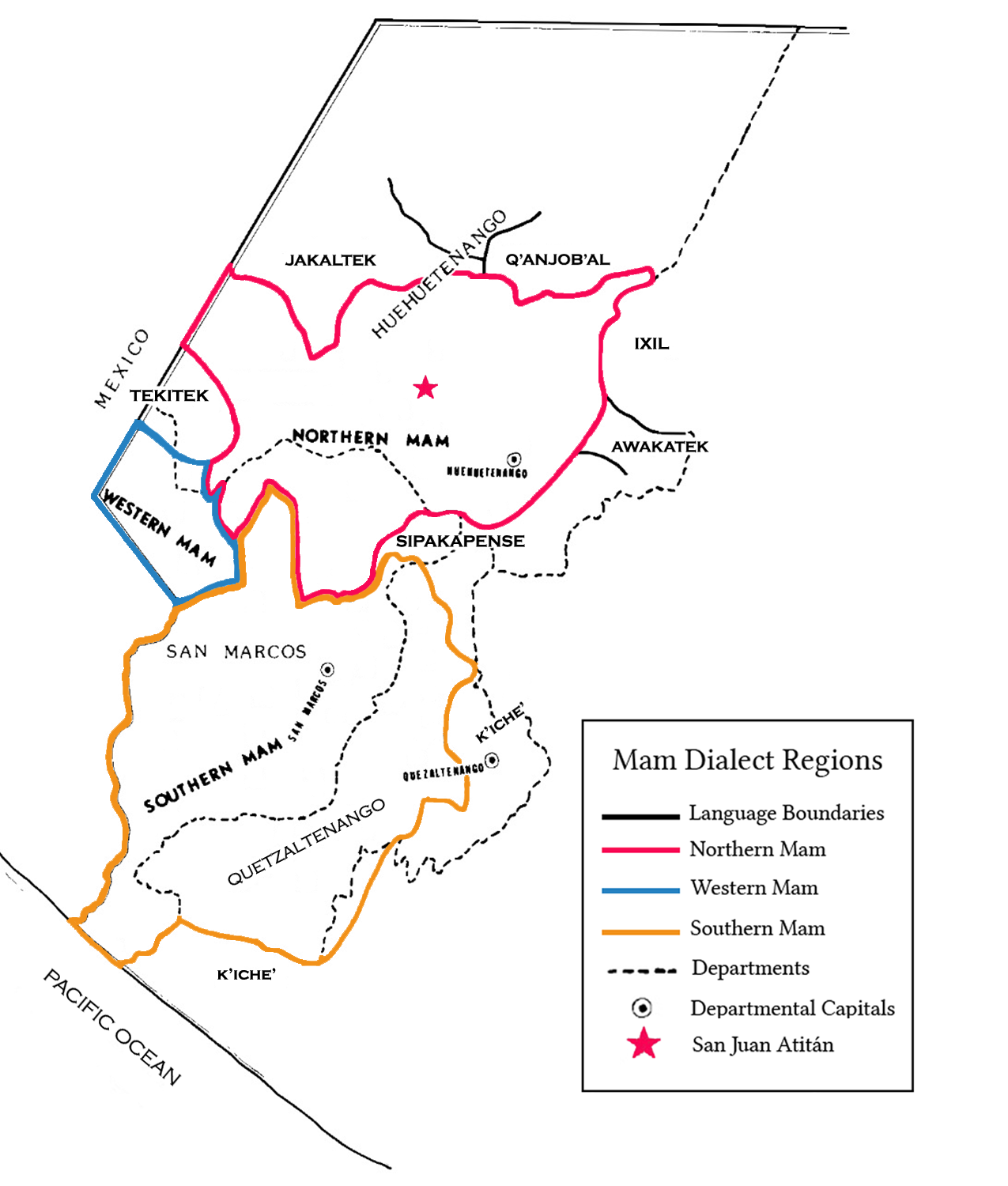 A map showing the dialect regions in Guatemala