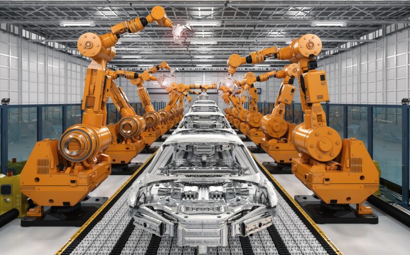 robot assembly line in car factory 