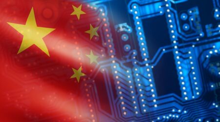 High-tech industry in China. PCB and chinese flag background. Microprocessor manufacturing in People Republic of China. The printed circuit board is made in China. Export of Chinese radio electronics.