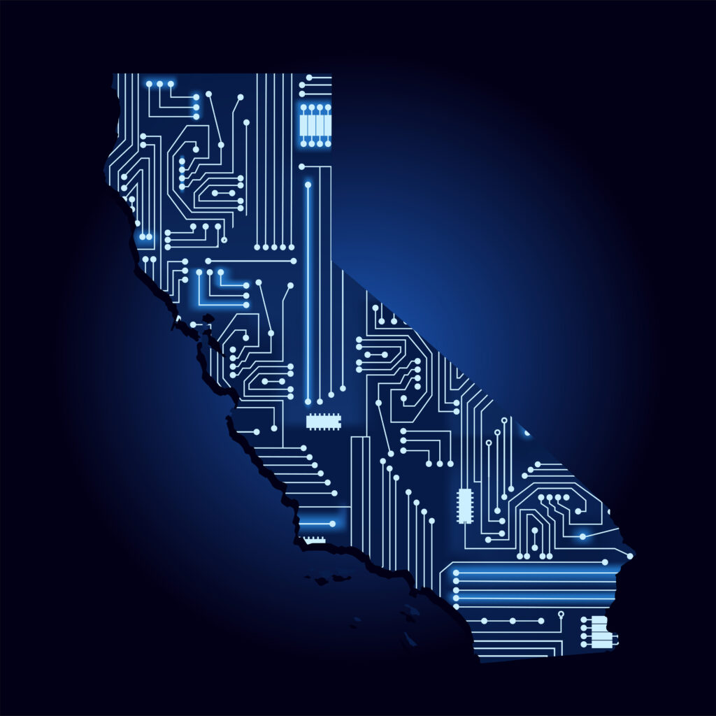 map of california with a silicon chip overlay